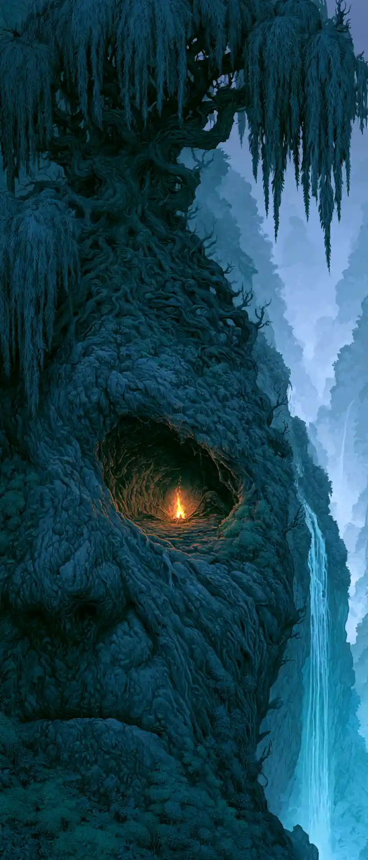 Melancholic nature spirit face formed from misty forest
