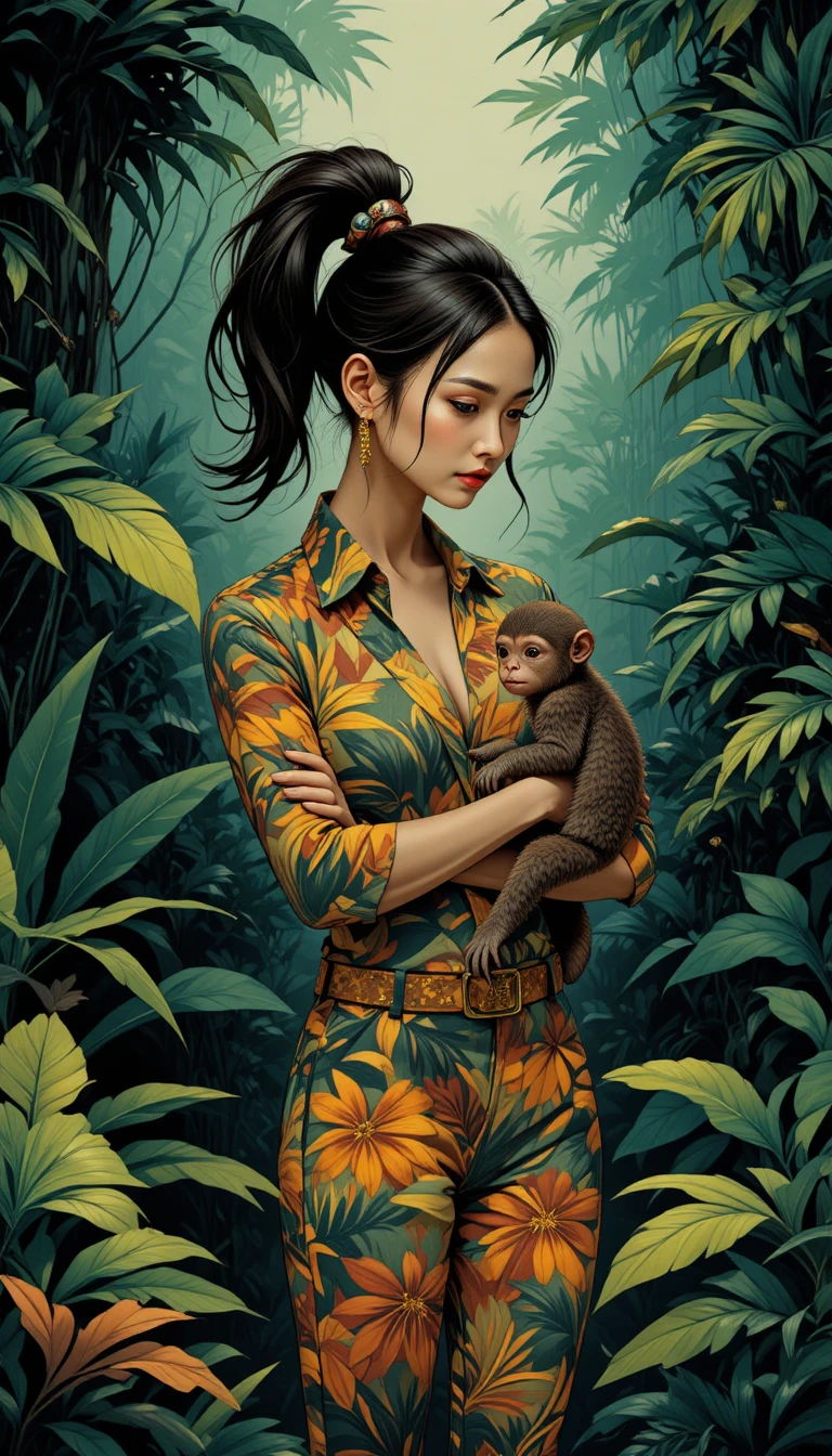 Woman Holding A Small Monkey In A Colorful Jungle