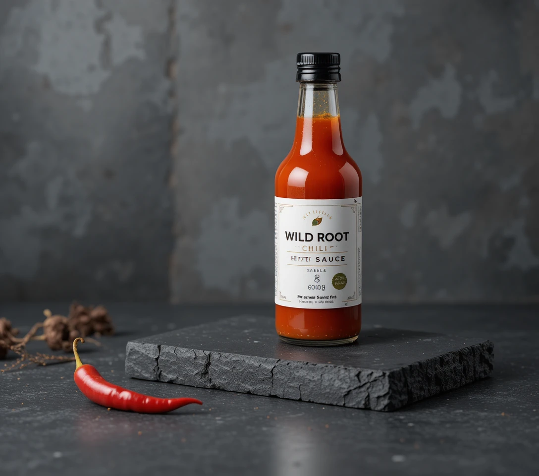 Hot sauce bottle on dark slate studio background