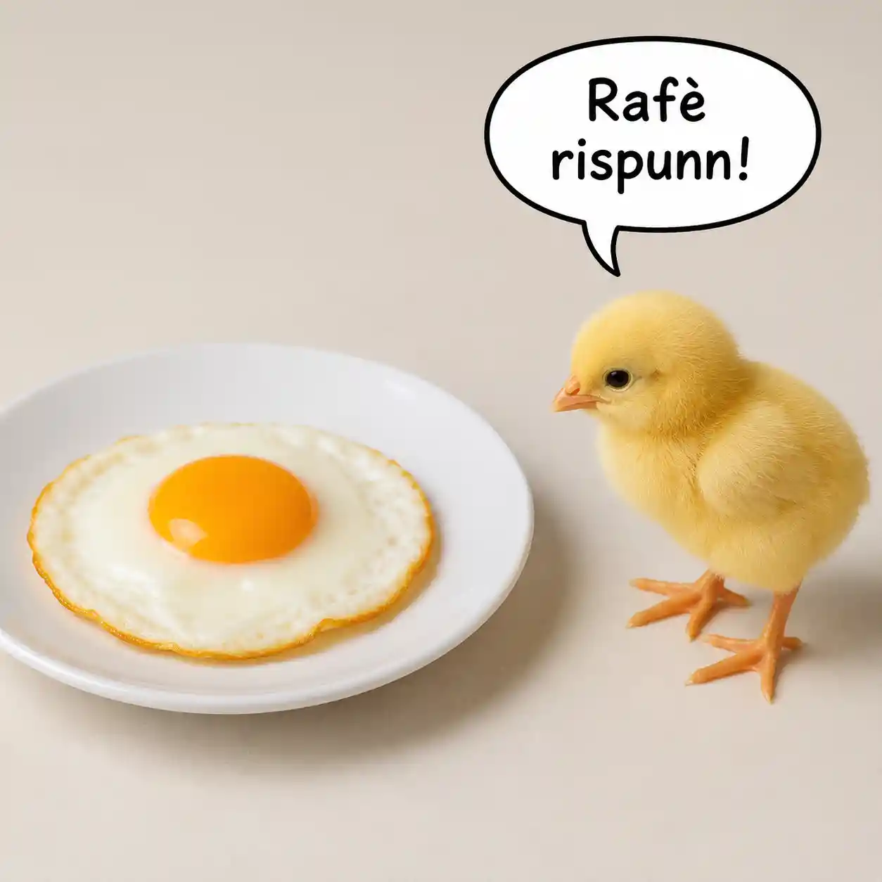 Cute yellow chick looking at a fried egg on plate