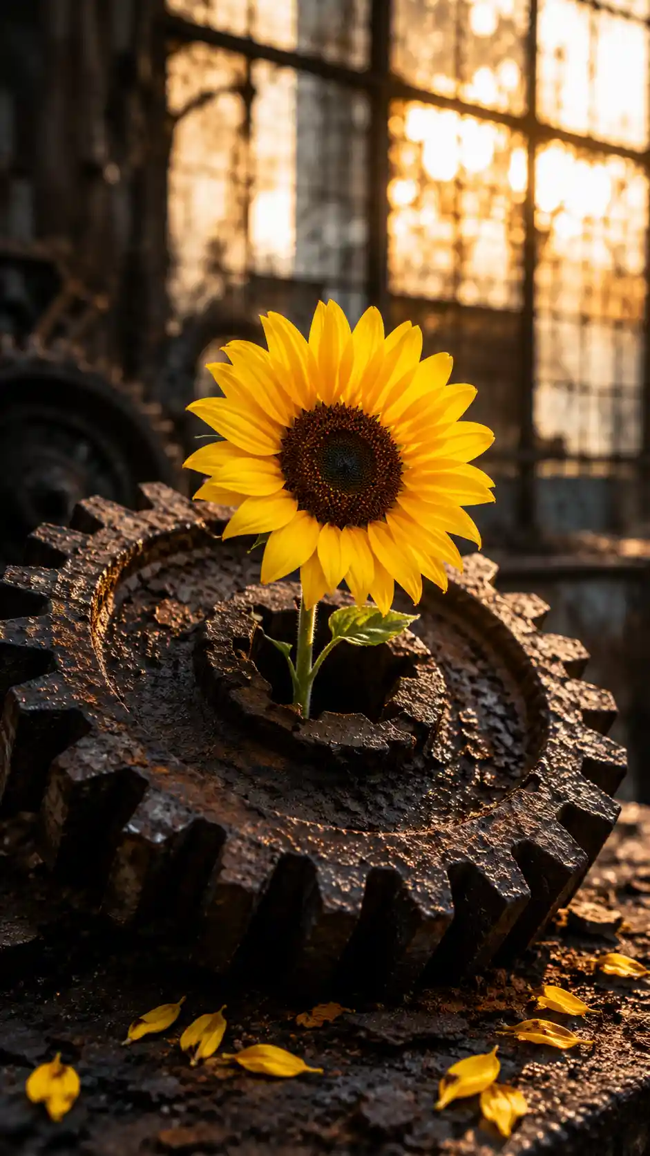 Yellow sunflower blooming from rusted industrial gear