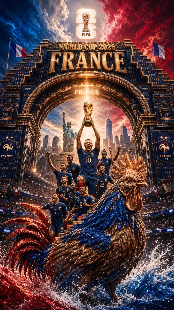 Triumphant French rooster carrying players above city stadium