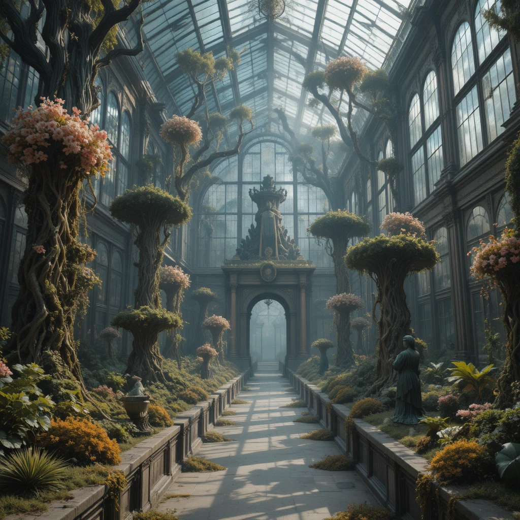 Ancient glass greenhouse inside a forgotten metaphysical city