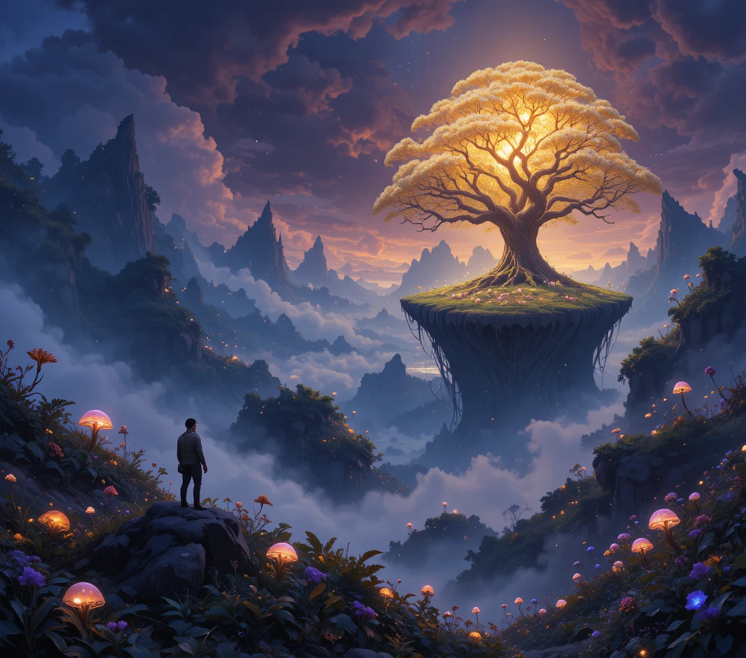 Lone explorer facing glowing tree in floating islands