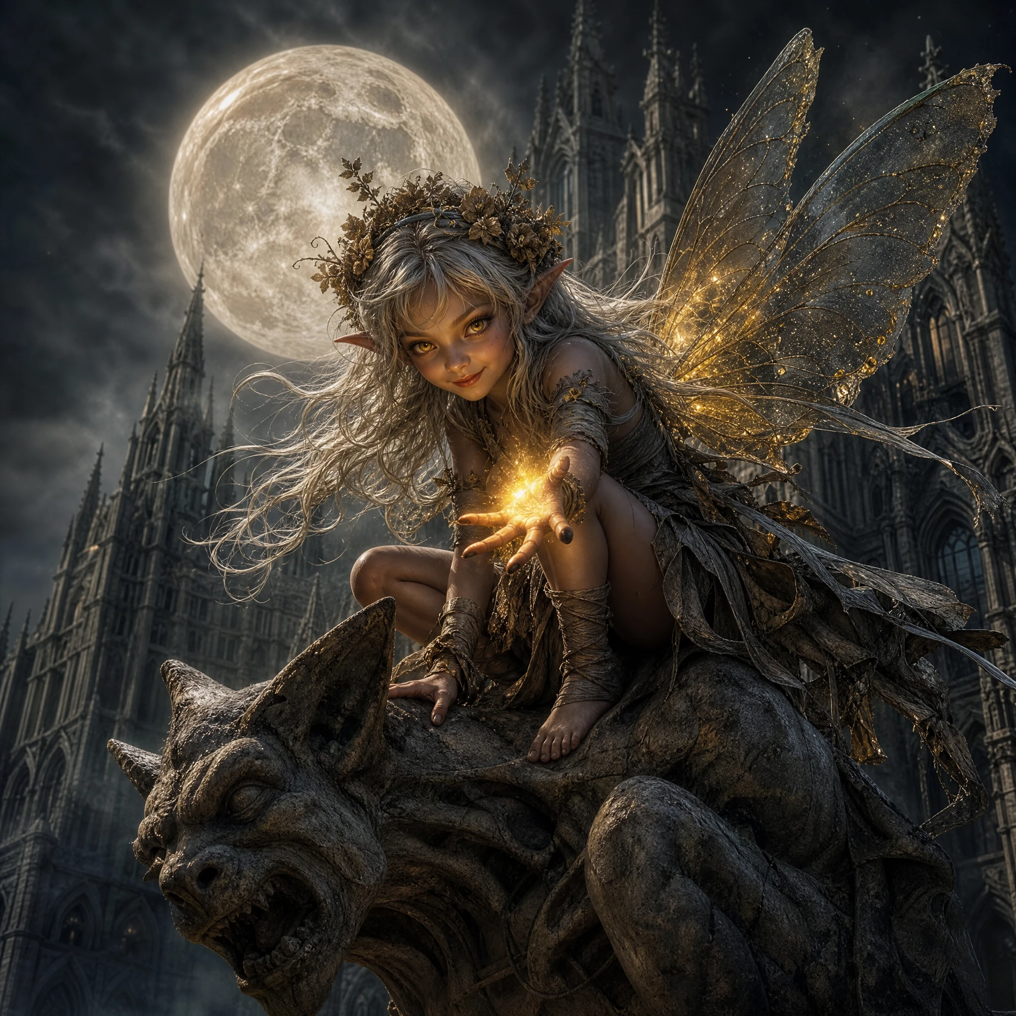 Mischievous fairy casting magic atop a stone gargoyle