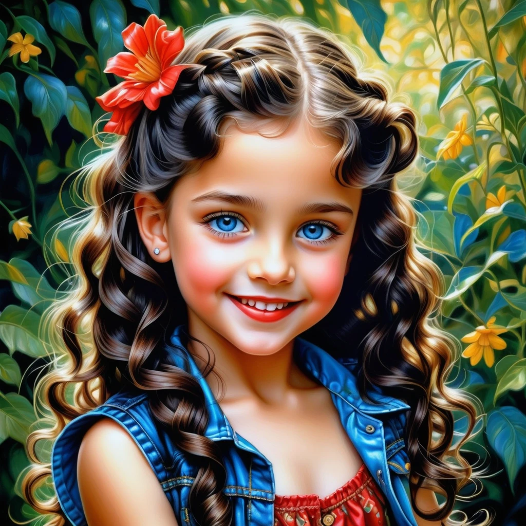Smiling girl with long curly hair in gold blouse illustration