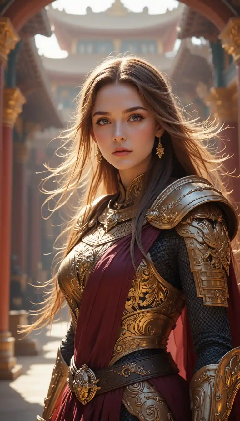 Mature warrior priestess in golden armor in sunlit temple