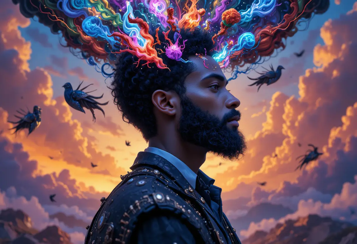 Surreal portrait of a man with thoughts exploding outward