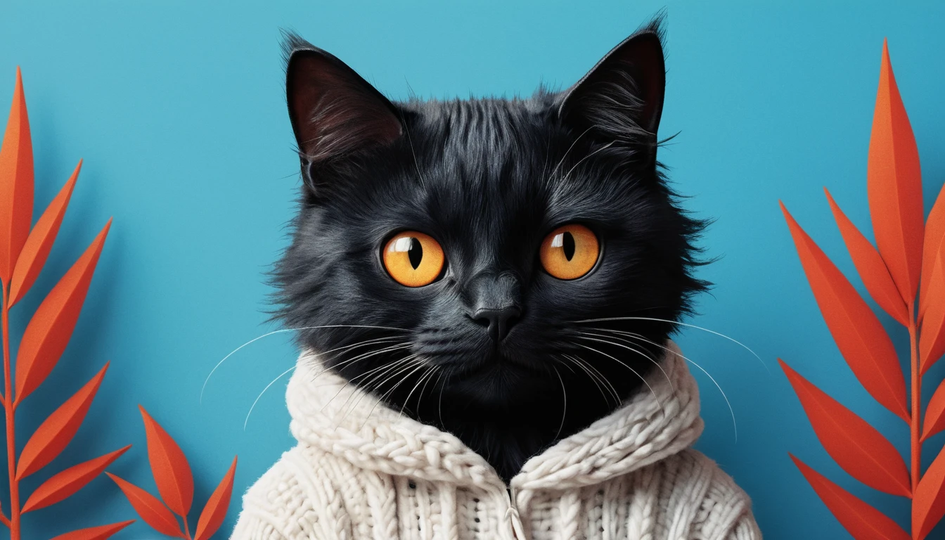 Black cat with wide white eyes on blue background