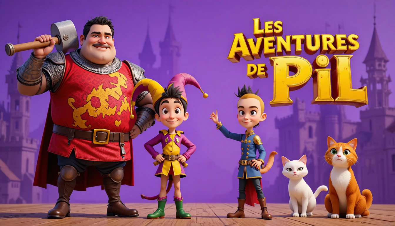 Colorful fantasy heroes and cats before a distant castle