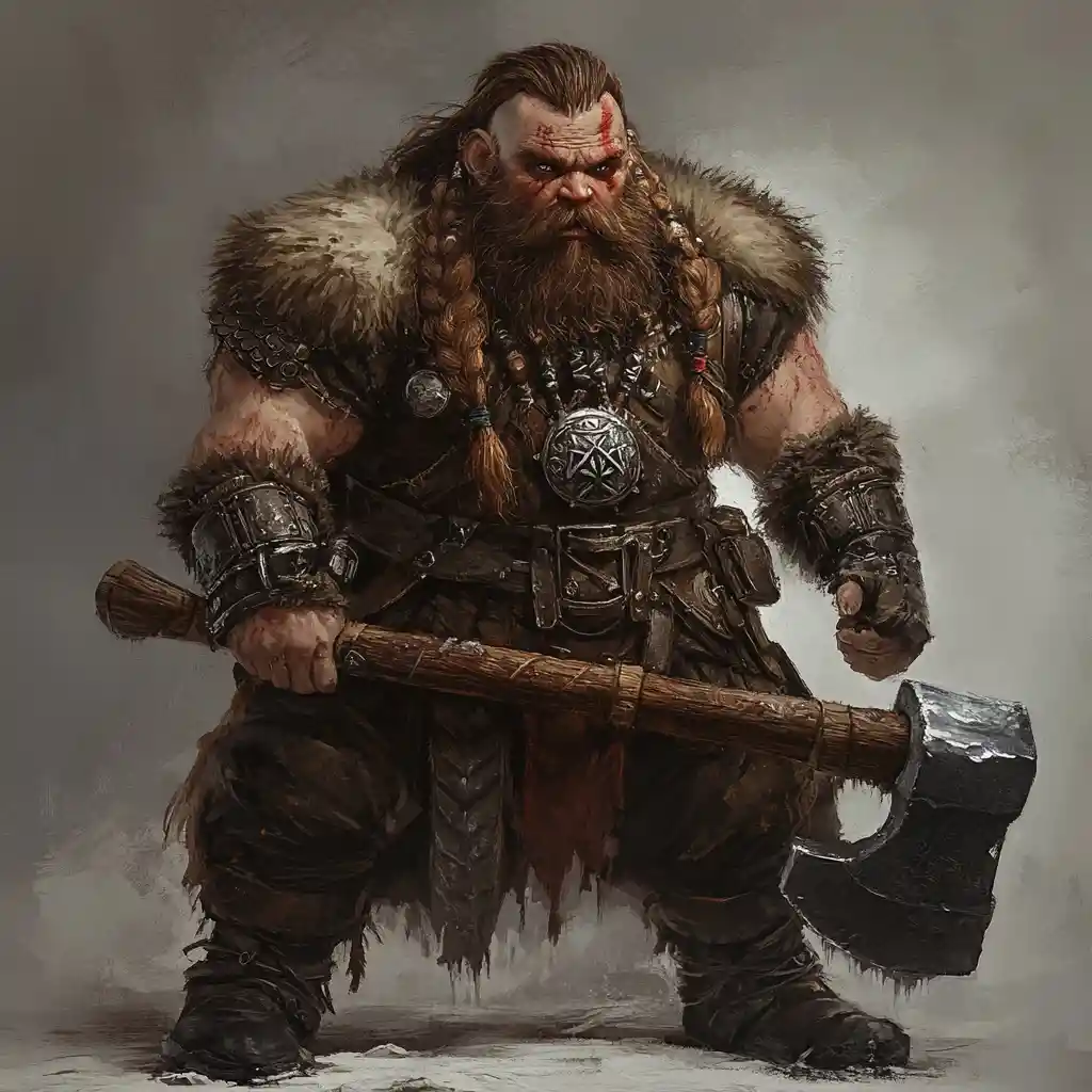 Furious dwarf barbarian with war hammer and wild stare