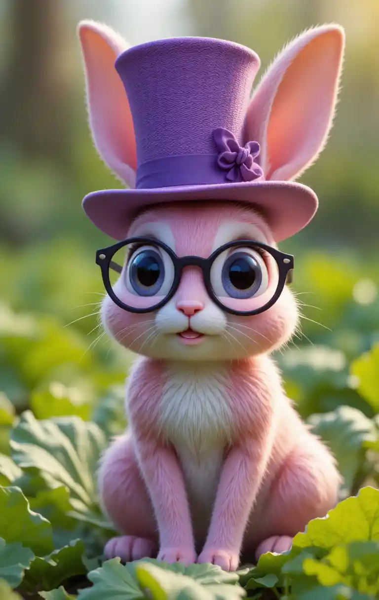 Cute pink rabbit with top hat sitting in lettuce garden