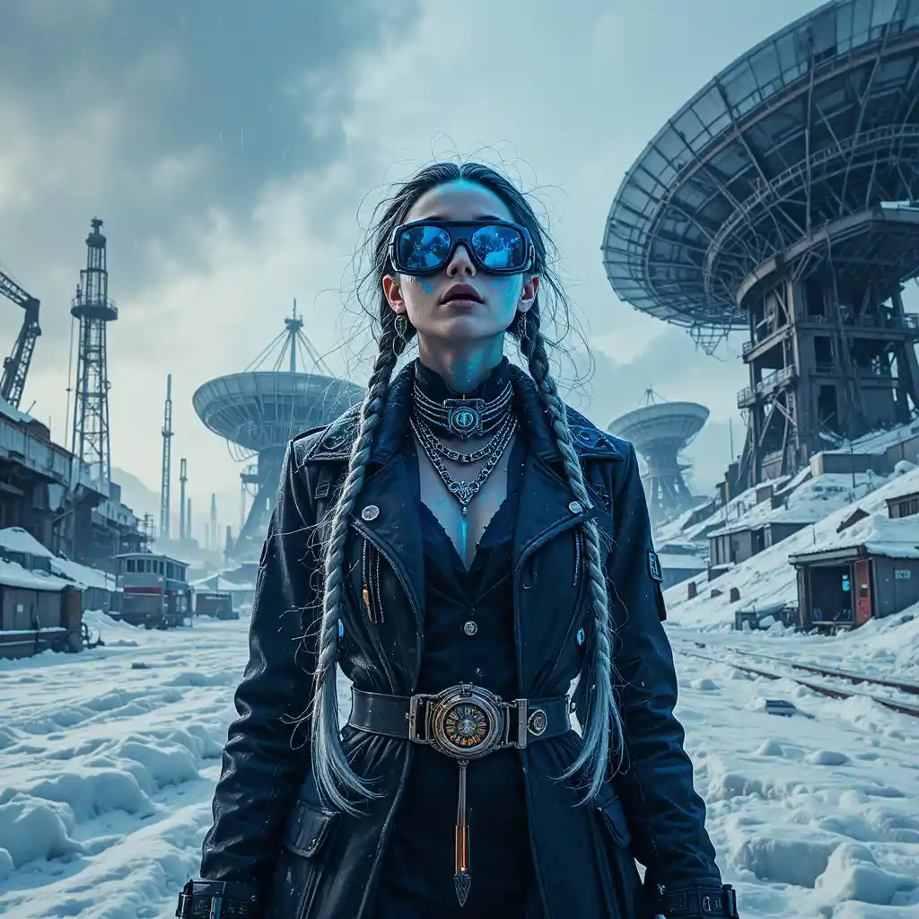 Cyber femme fatale in polar industrial glitch landscape