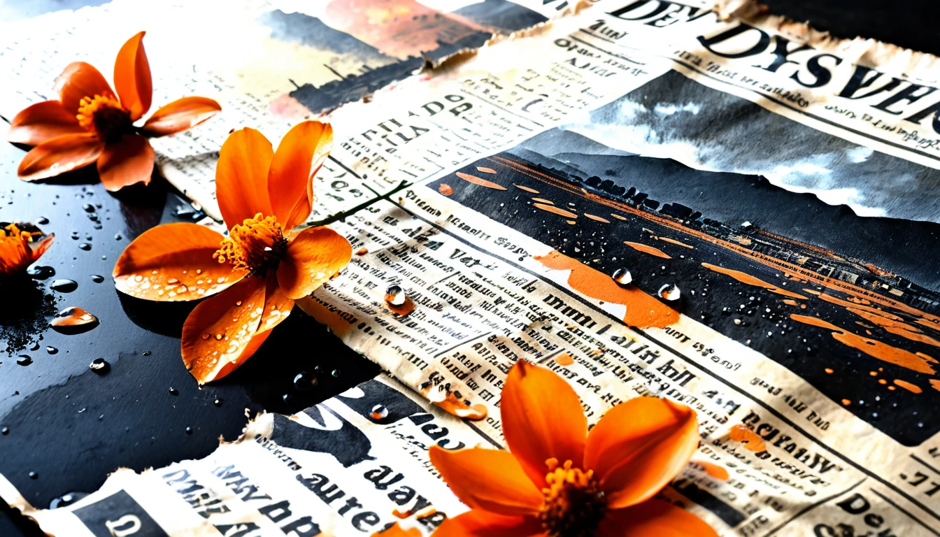 Close up of torn newspaper with paint splatters and dewdrops