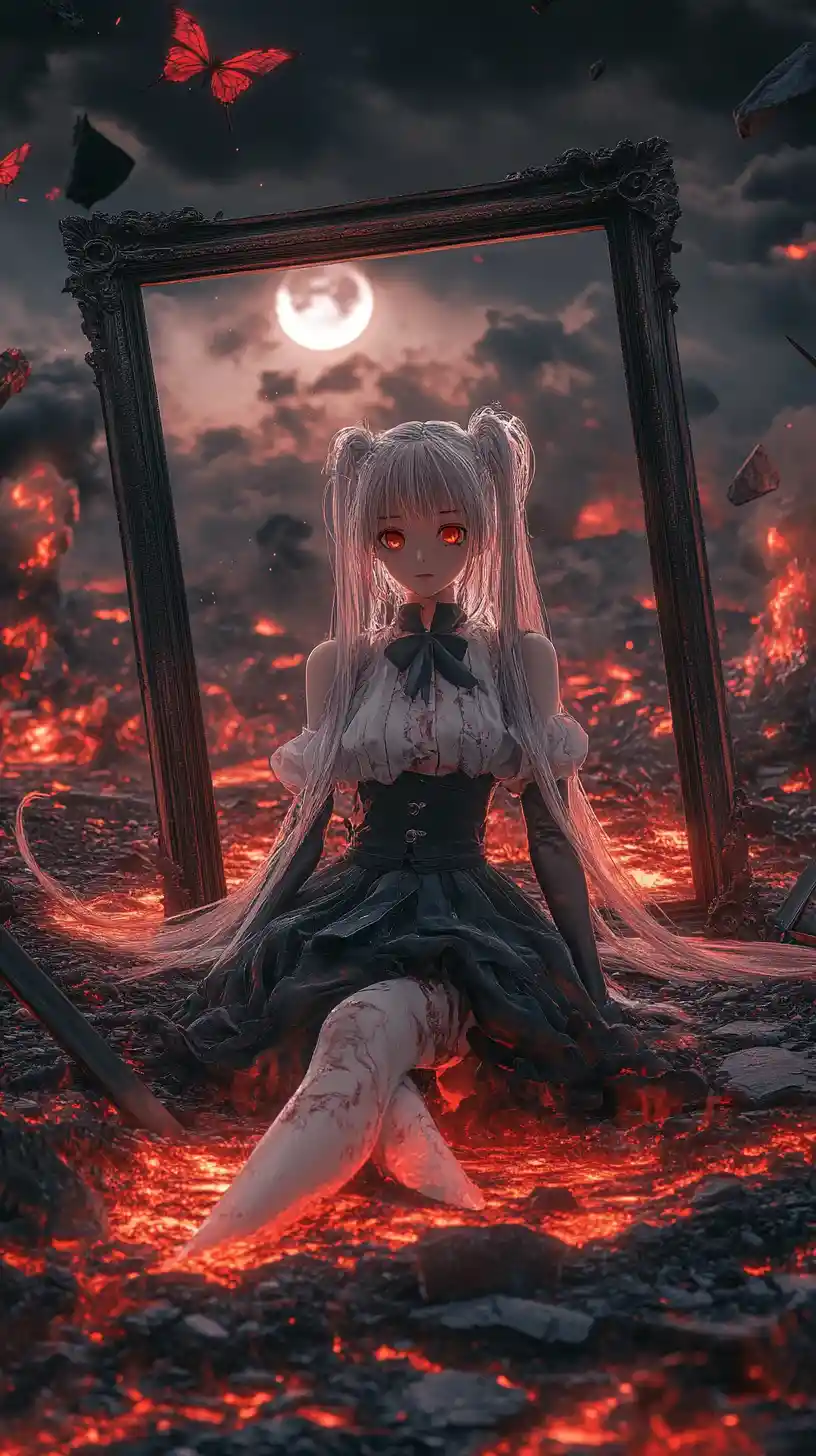 Anime girl in a crumbling fantasy world with distant frame