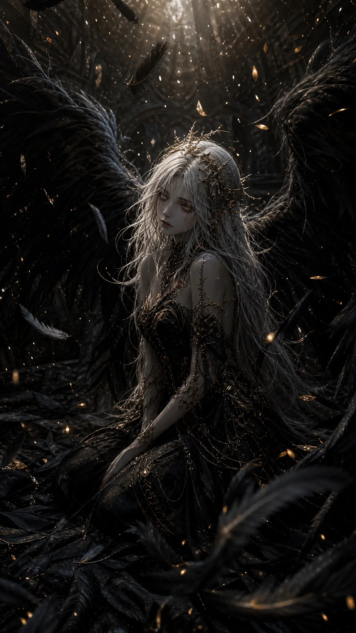 Dark celestial angel woman with vast black feathered wings