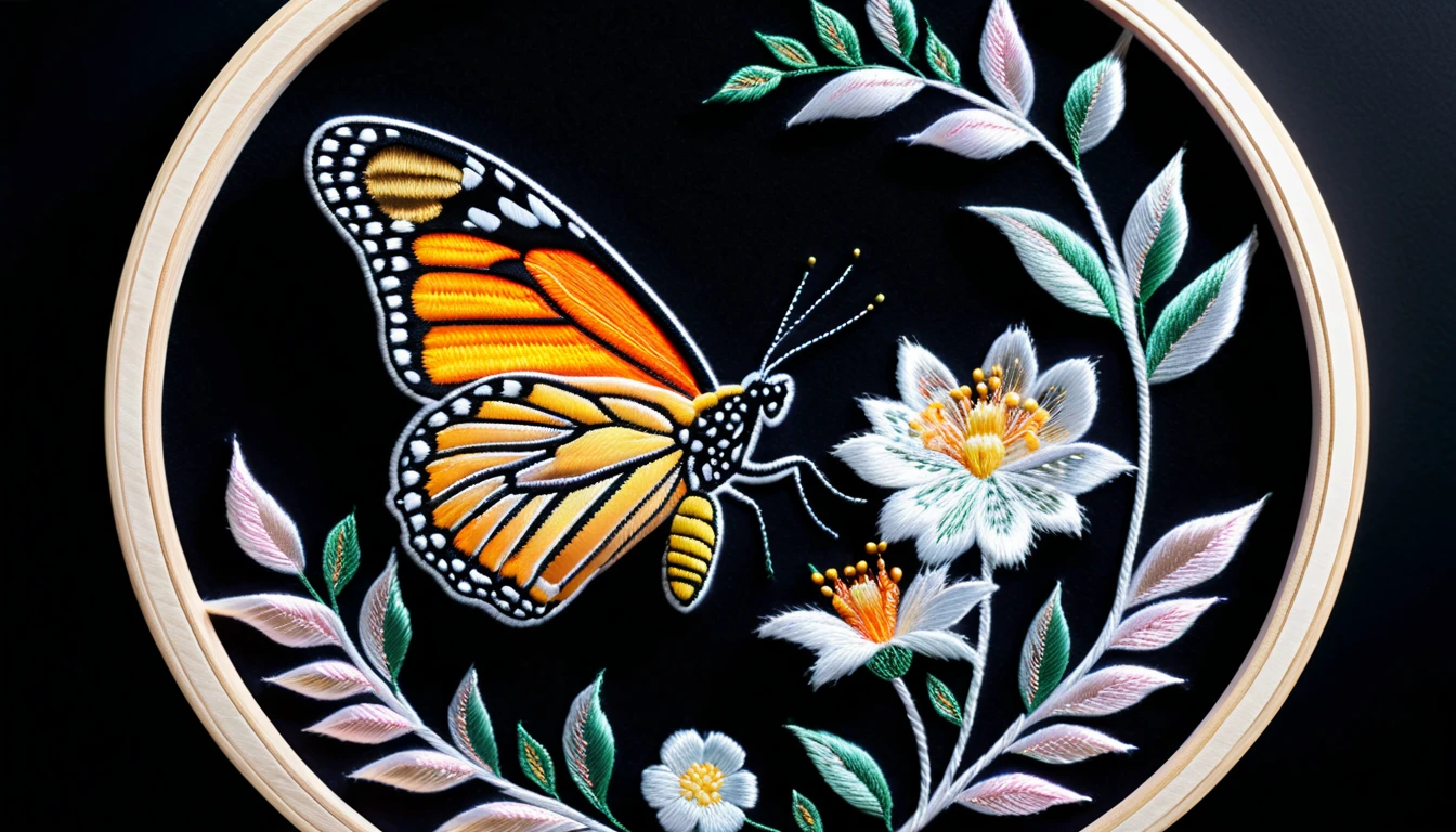 Glowing Embroidered Butterfly And Flower On Black Background