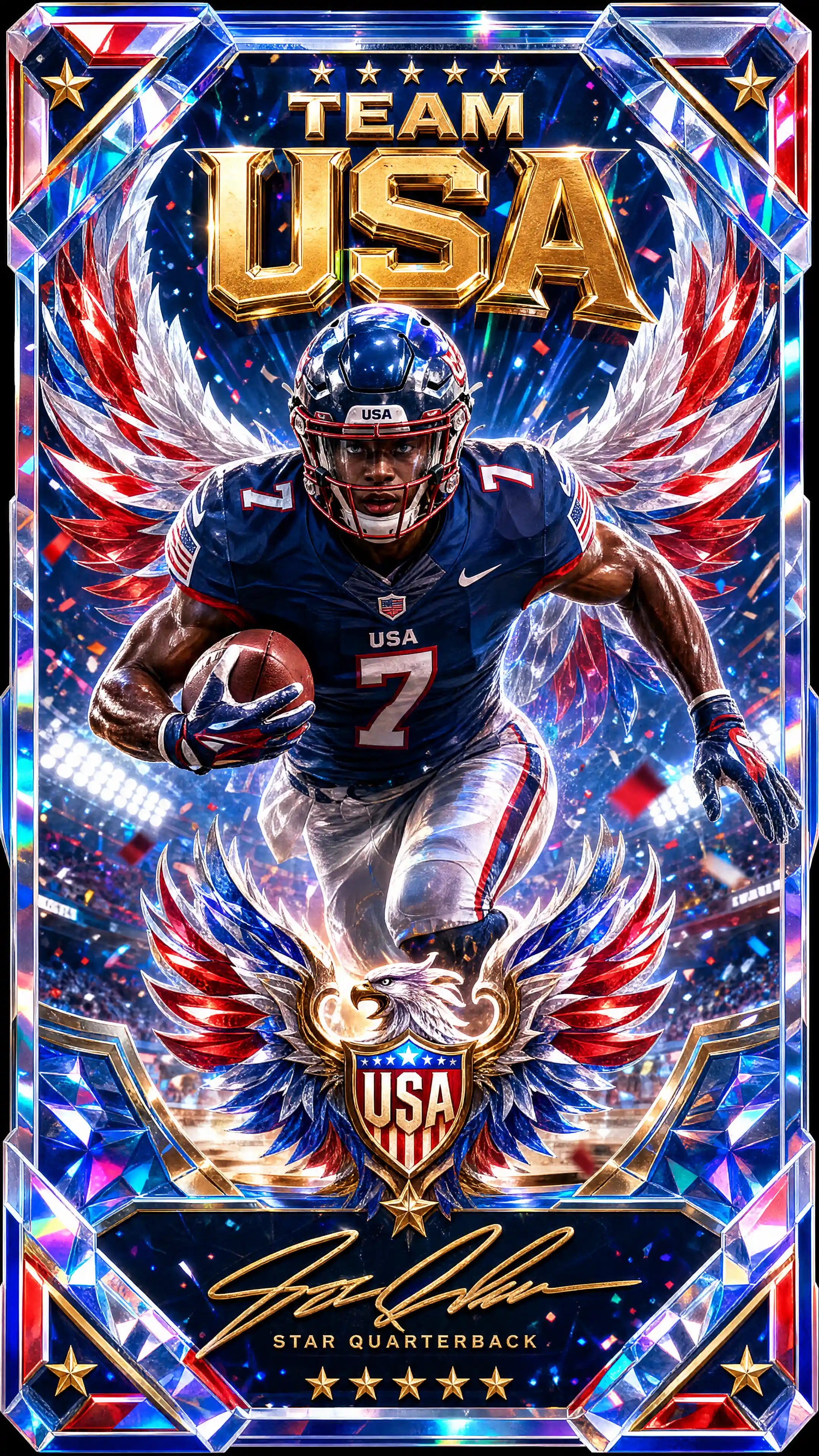 Dynamic USA football star card with glowing foil effects