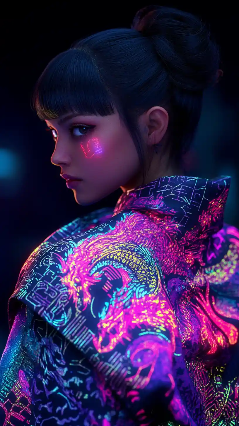 Cyberpunk anime woman in kimono with glowing back tattoos