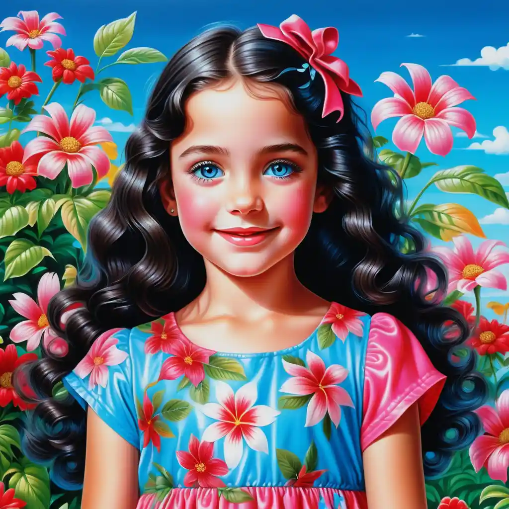 Smiling curly haired girl in pink floral summer dress