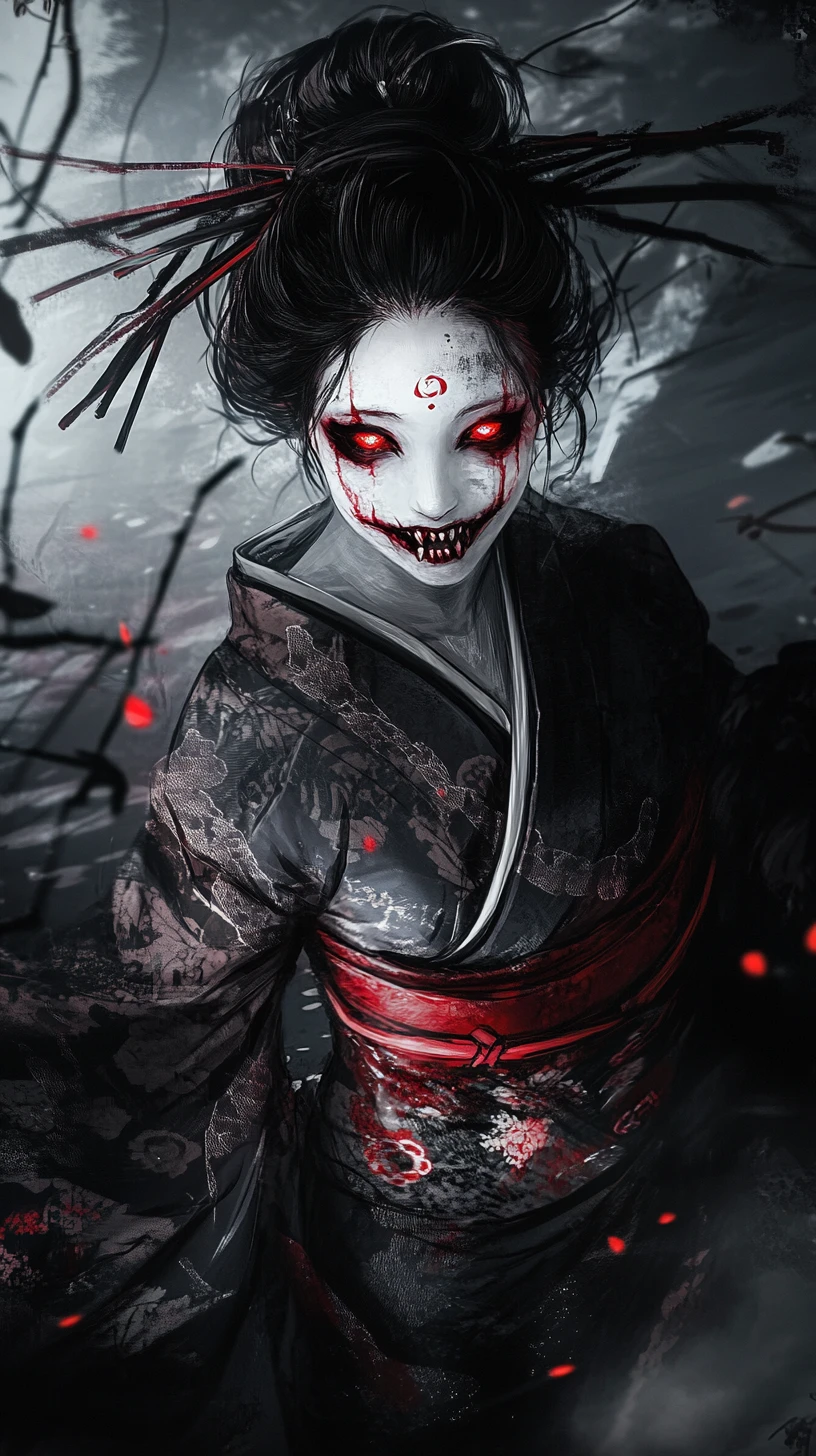 Terrifying anime spirit woman in a dark forest swamp