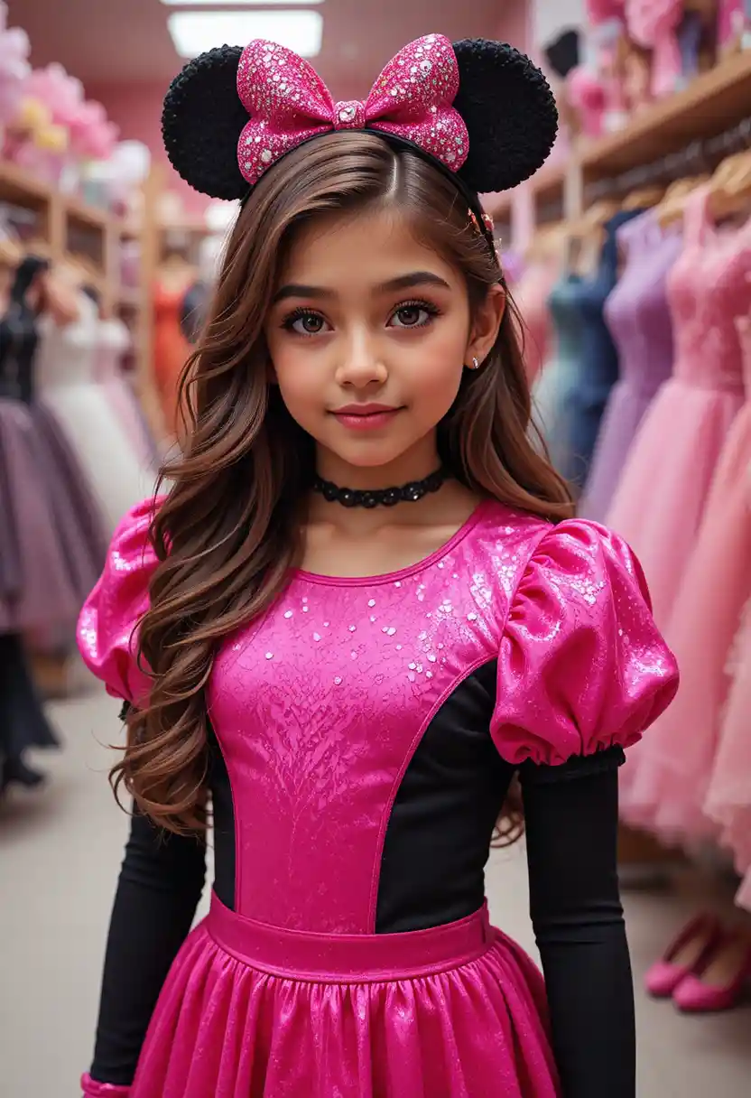 Ragazza con abito rosa di Minnie in una boutique Disney