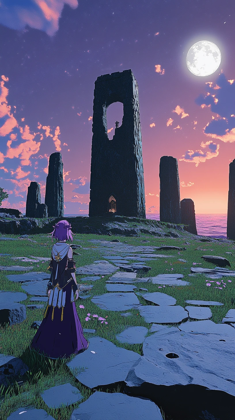 Stone circle chapel at sunset by the distant sea cliffs