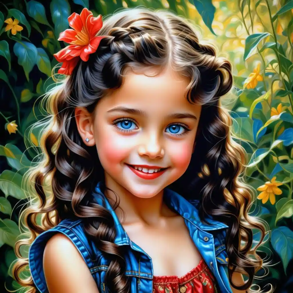 Smiling girl with long curly hair in gold blouse illustration