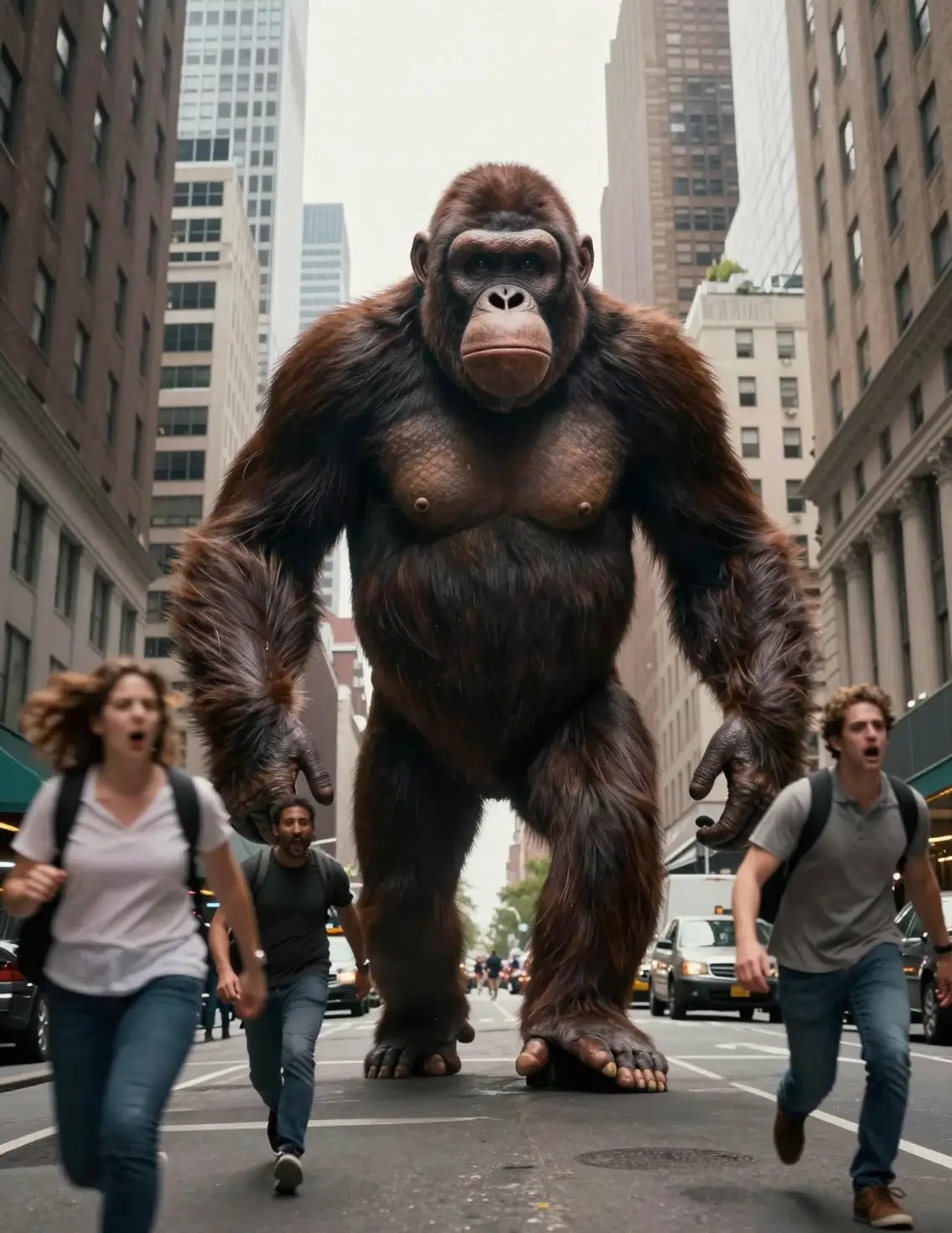 Giant ape towering over a New York city street