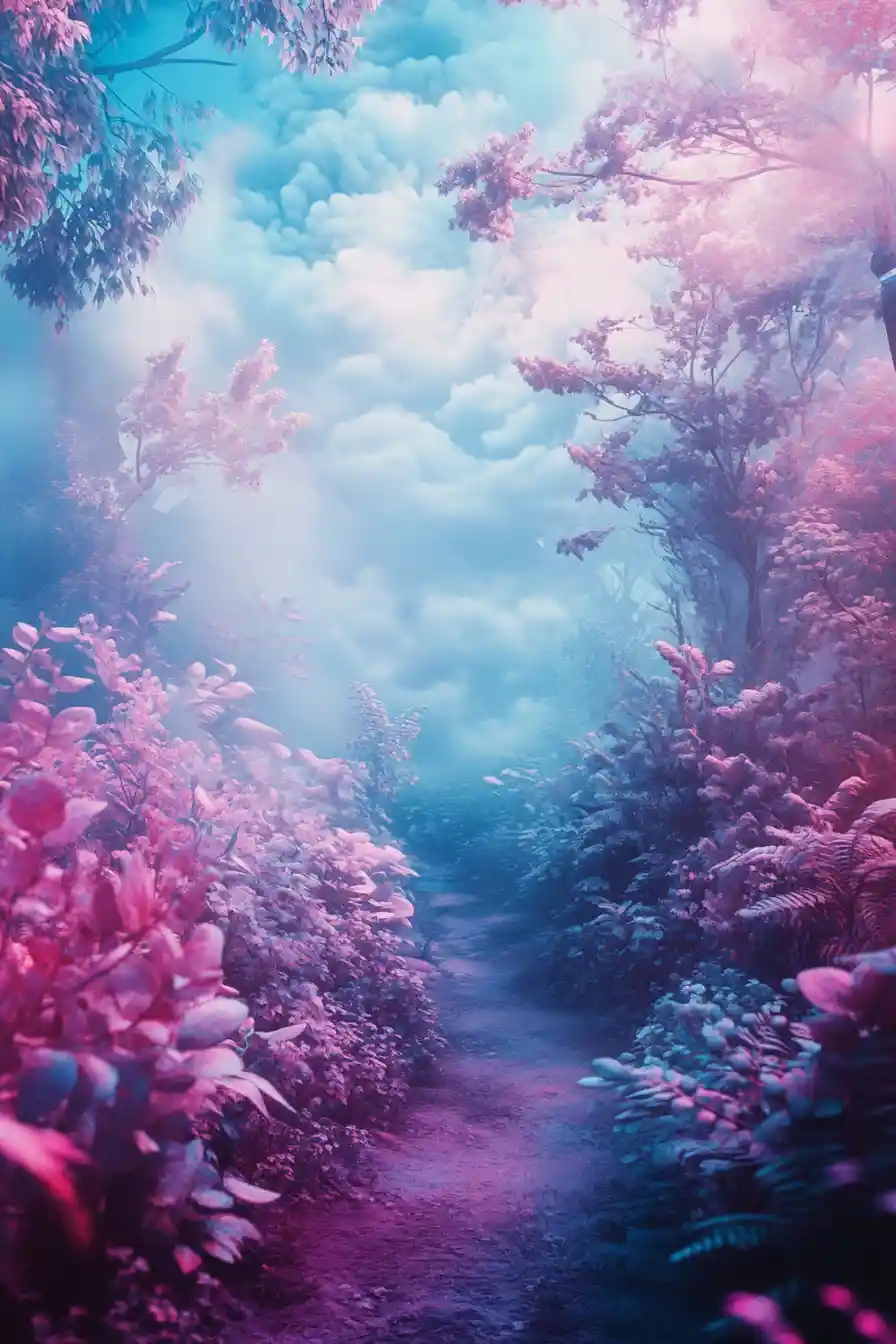 Cheerful surreal landscape in bright pastel fantasy colors