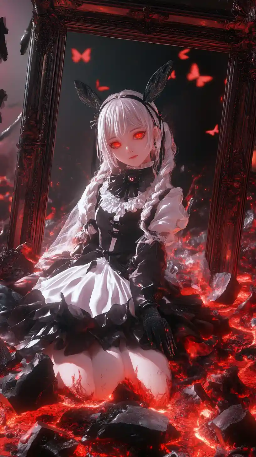 Anime girl lying in lava beneath a red sky and moon