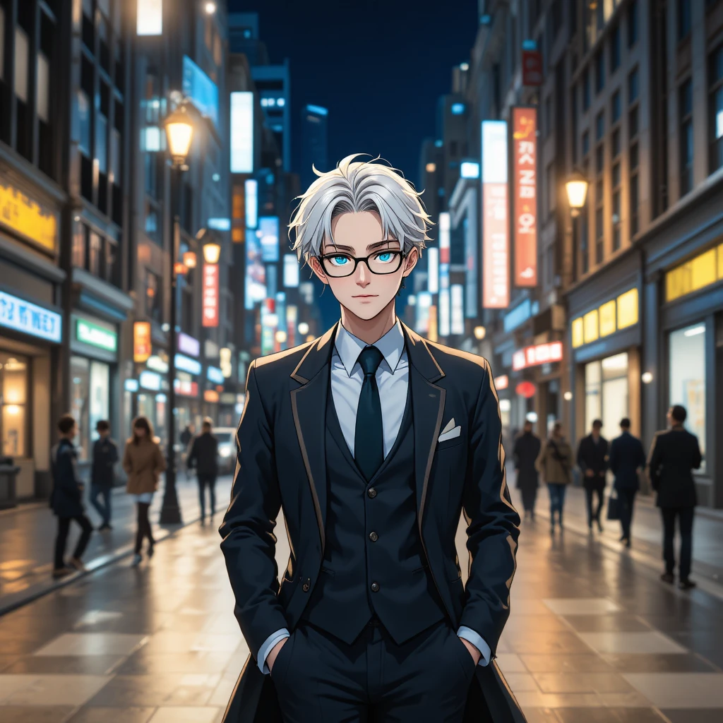 Anime boy walking through the city at night