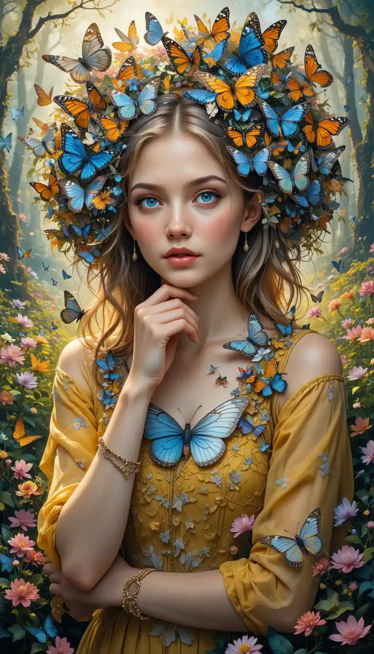 Serene freckled girl in butterflies and wild forest flowers