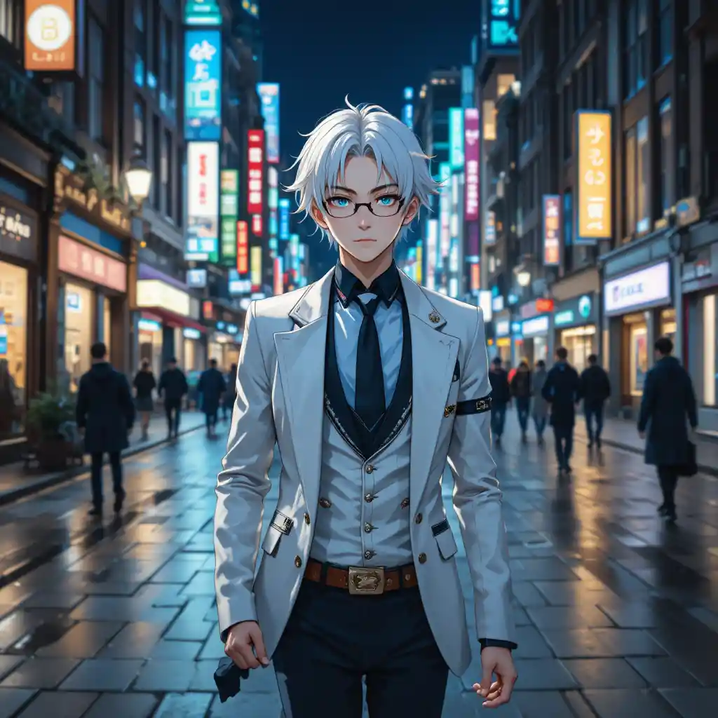 Anime boy walking through the city at night