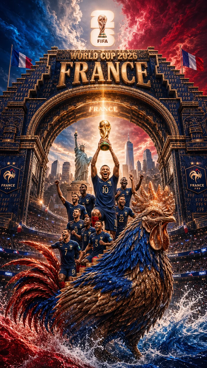 Triumphant French rooster carrying players above city stadium