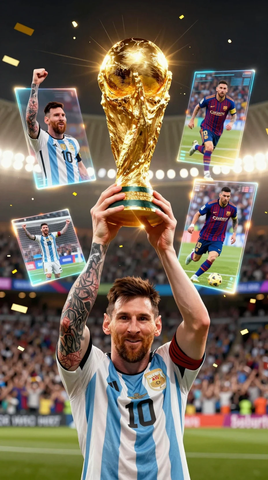 Soccer champion lifting golden world cup trophy under lights