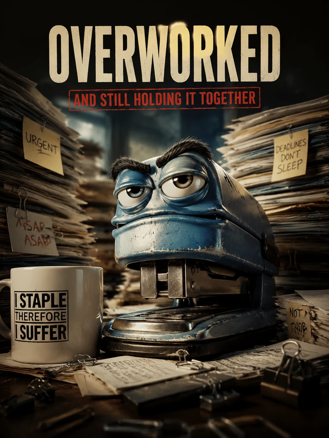 Overworked stapler character buried in dramatic paperwork spotlight