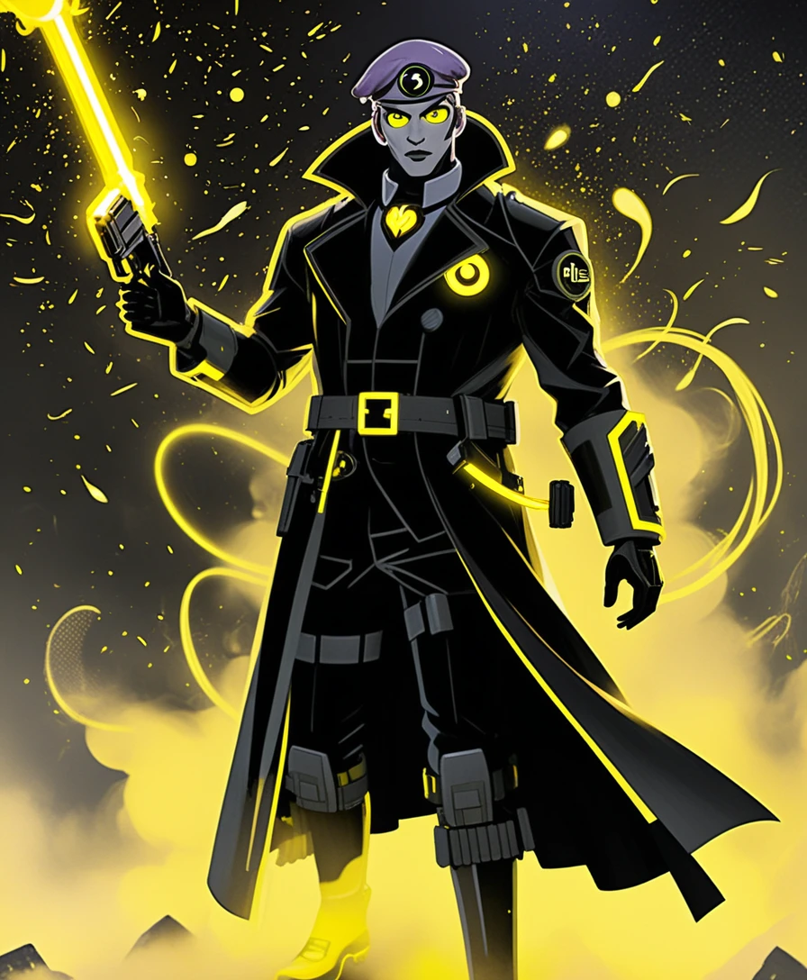 Sci fi medic in black trench coat with glowing blaster