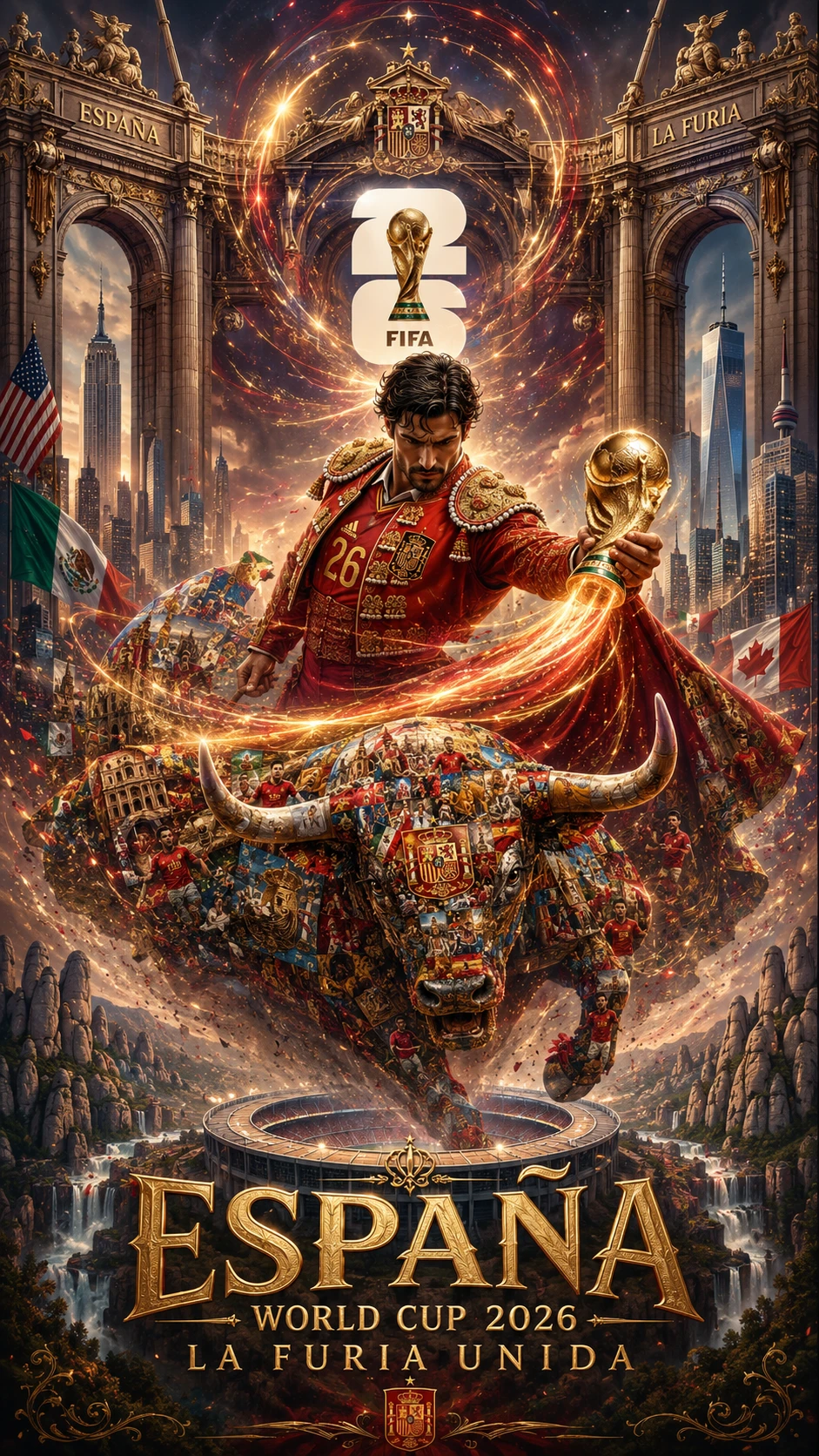 Colossal matador athlete rising from a charging mosaic bull