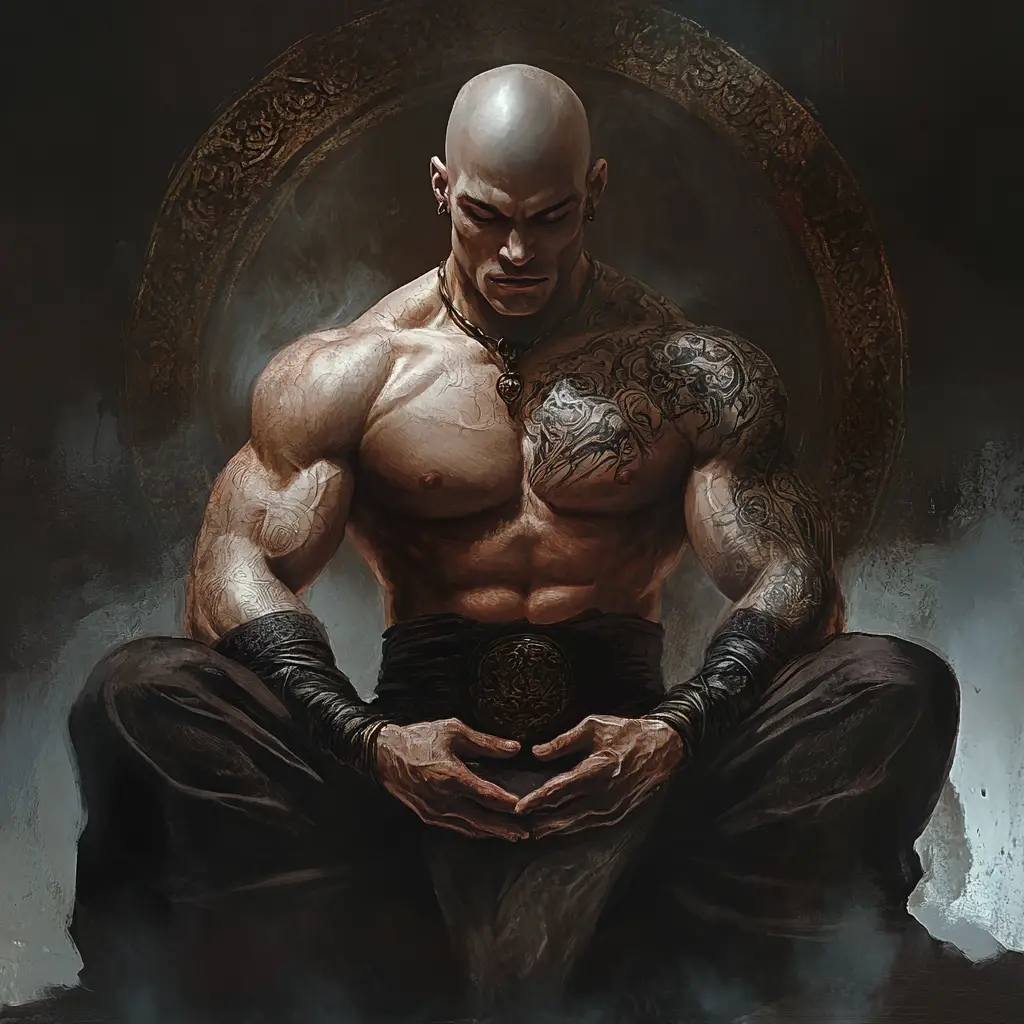 Stoic fantasy monk with arcane tattoos in astral form