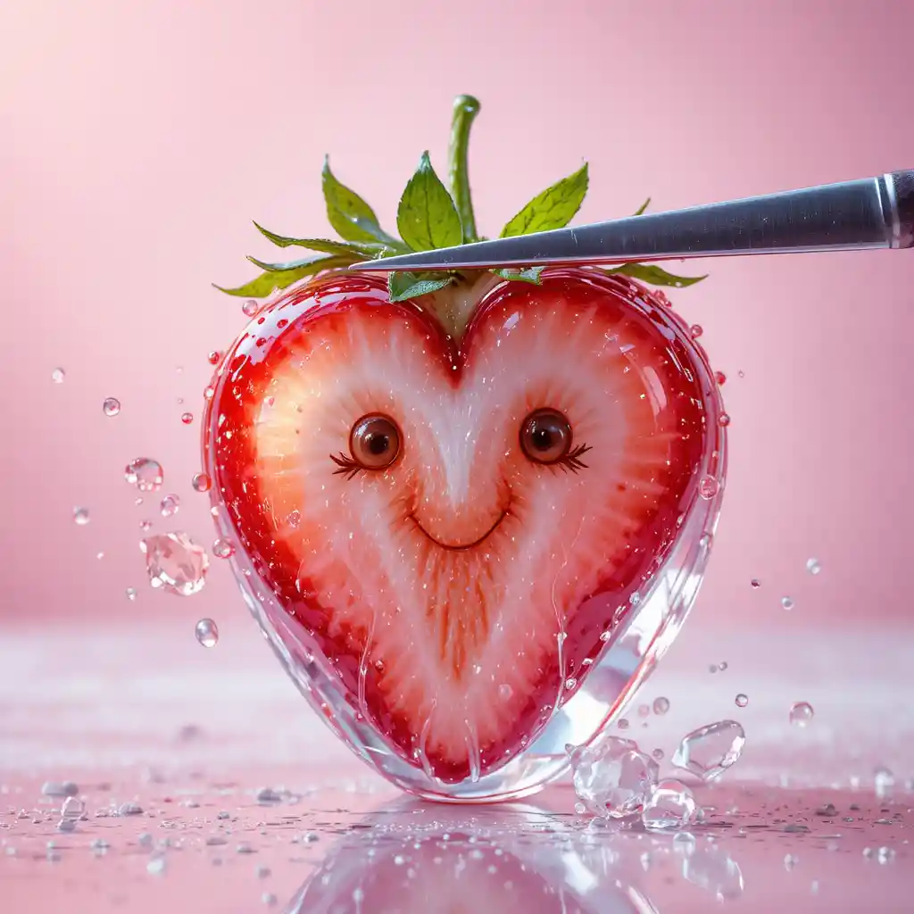 Crystal glass strawberry with cute smiling face being sliced
