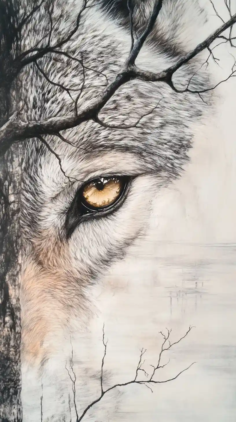 Close up wolf portrait with surreal reflective eye