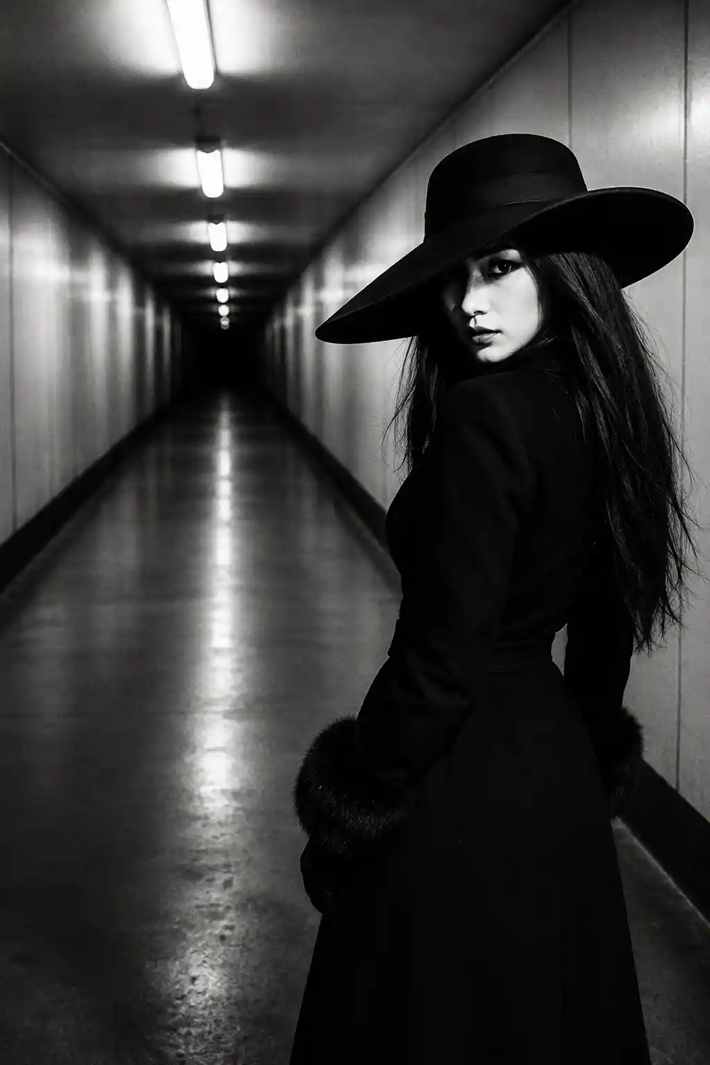 Mysterious woman in noir hat in stark white corridor