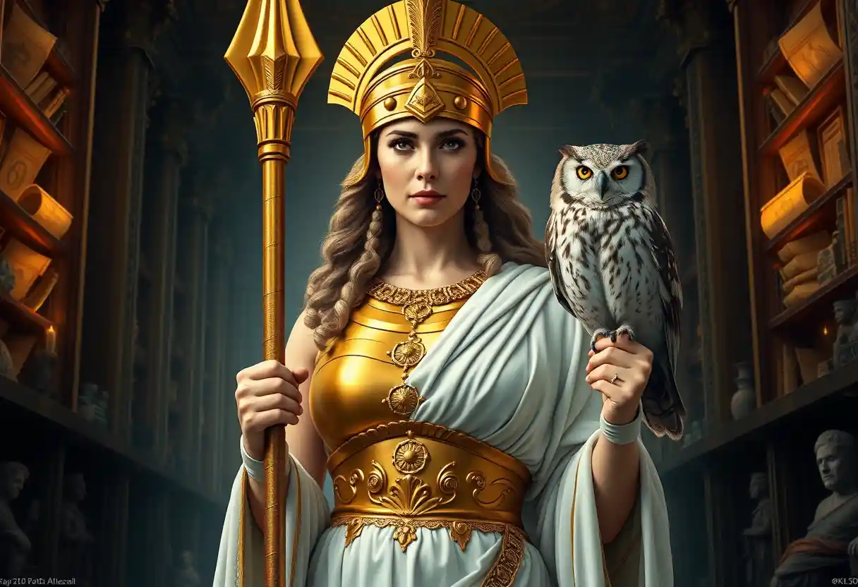 Goddess Athena in armor standing in an ancient library