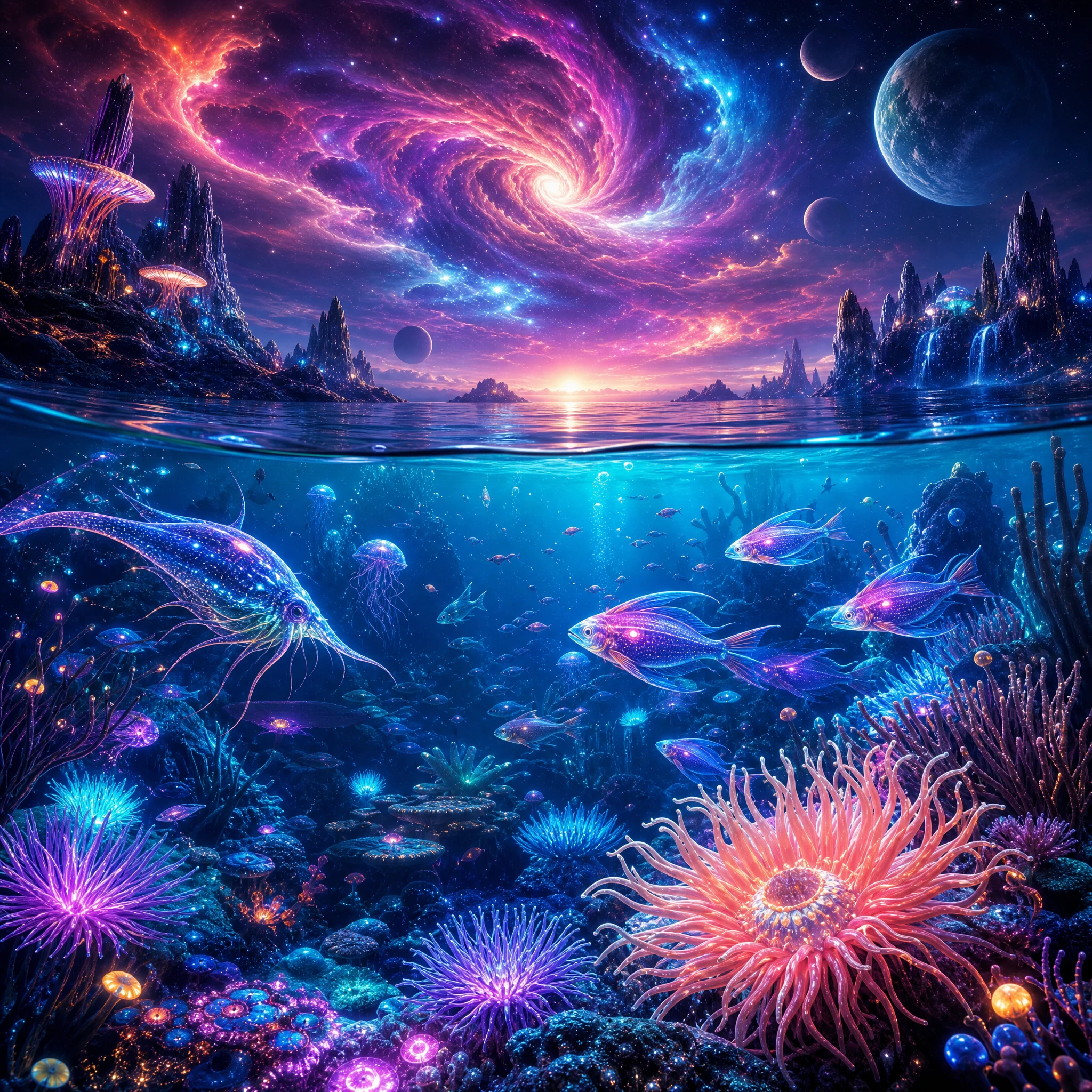 Bioluminescent Coral Reef With Alien Fish Under A Cosmic Sky