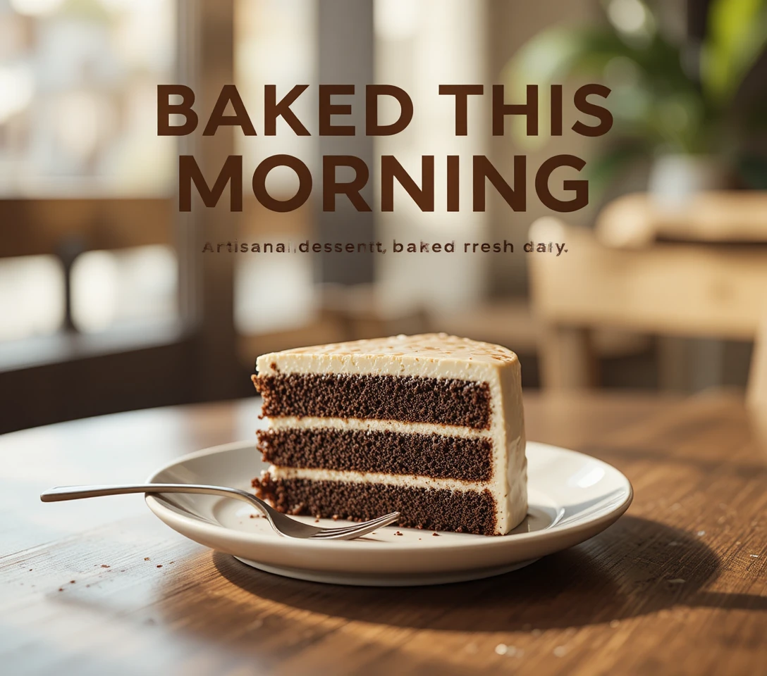 Fresh chocolate cake slice on cozy cafe table
