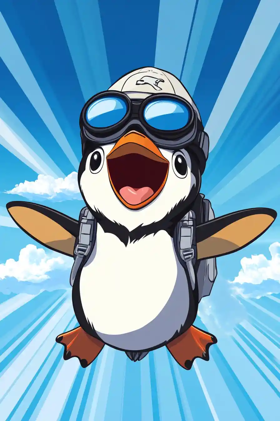 Allegro pinguino pilota che vola su un colorato jet charter