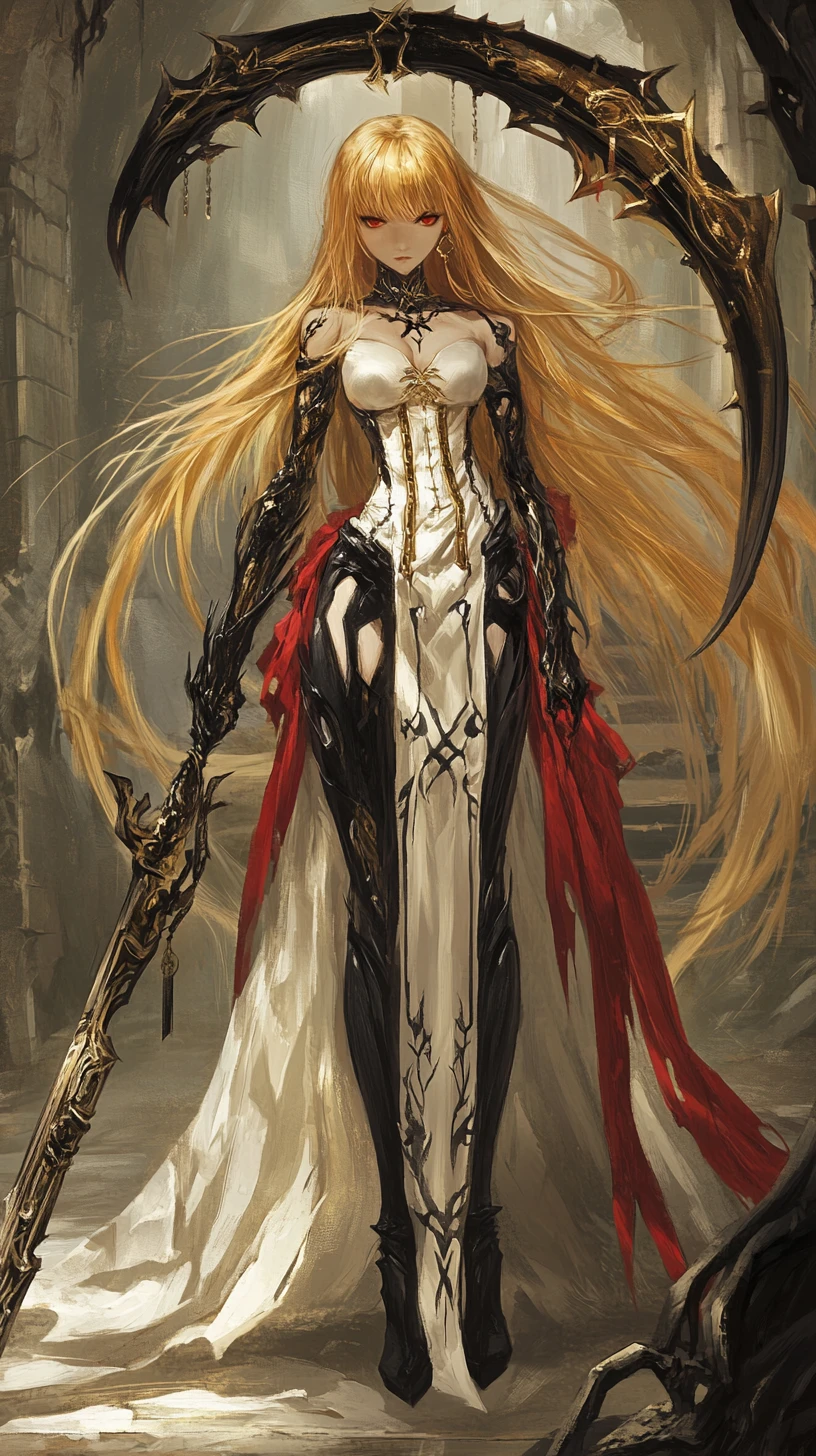 Battle scythe in sandy ancient ruins with red runes