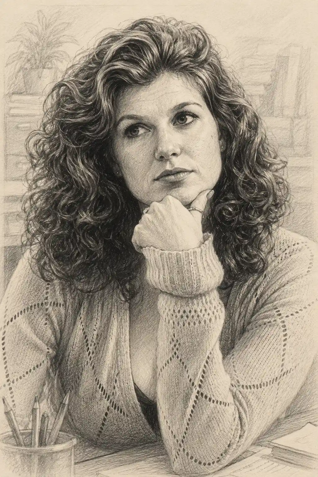 Pencil close up portrait of a woman in a knit cardigan