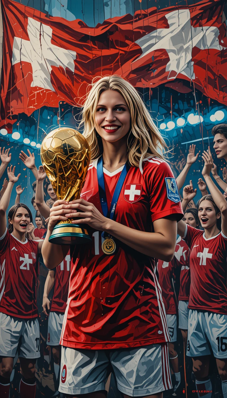 Swiss woman footballer lifting the World Cup trophy